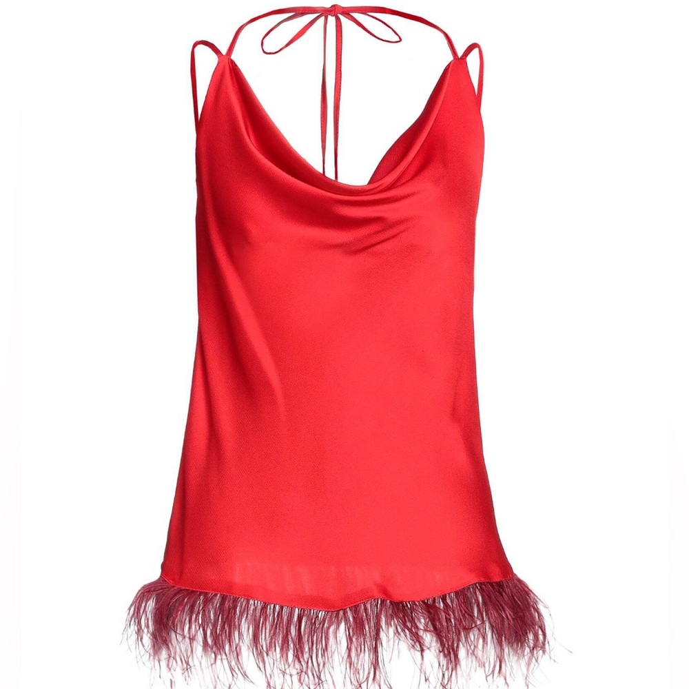 Elegant Bright Red Feather-Trimmed Satin Blouse